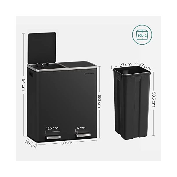 Skraldespand - pedalspand med soft close l�g - 2x30L sort