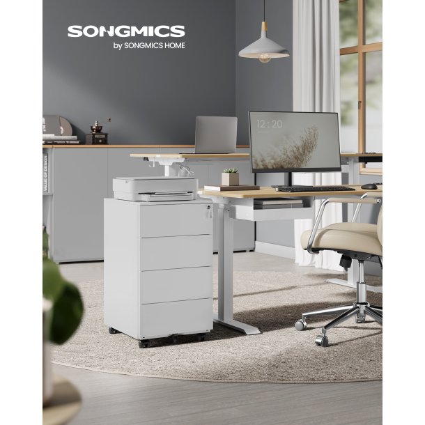 Arkivskab p hjul med ls og 4 skuffer - hvid 39x45x69,3 cm