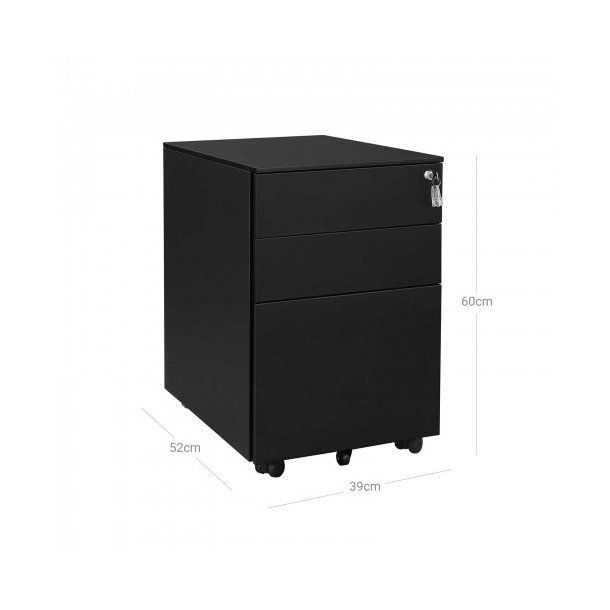 Arkivskab p hjul med ls og 3 skuffer - sort 39x52x60 cm