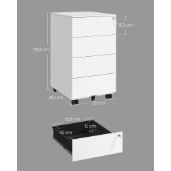 Arkivskab p hjul med ls og 4 skuffer - hvid 39x45x69,3 cm