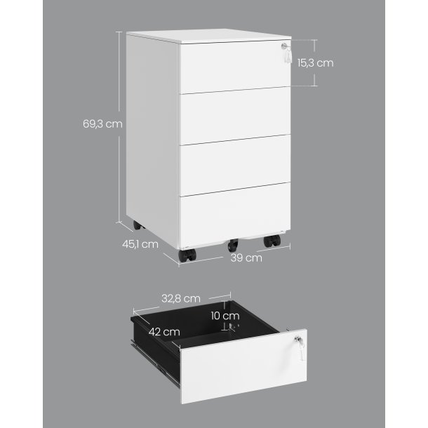 Arkivskab p hjul med ls og 4 skuffer - hvid 39x45x69,3 cm