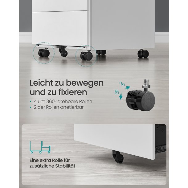 Arkivskab p hjul med ls og 4 skuffer - hvid 39x45x69,3 cm