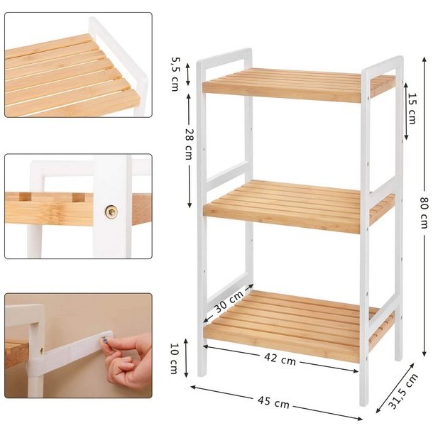 Badev�relsesreol med 3 hylder - bambus reol - 45 x 31,5 x 80