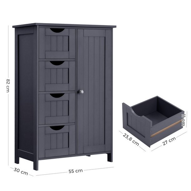 Kommode med skab og 4 skuffer - gr� 81 x 55 x 30 cm
