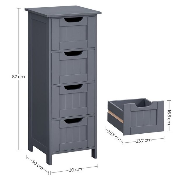 Kommode med 4 skuffer - gr� badev�relsesskab 82 x 30 x 30 cm