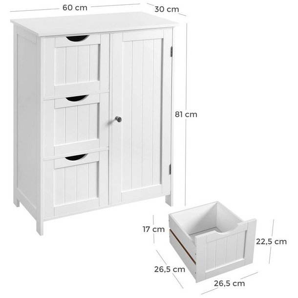 Kommode med skab og 3 skuffer - hvid 60 x 30 x 81 cm