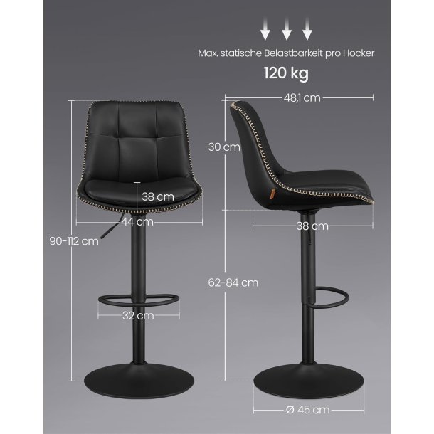 Barstole st af 2 - hje stole med rygln og fodsttte - sort