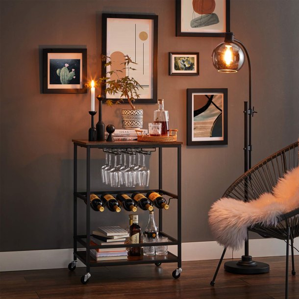 Rullebord med glas og flaskeholdere - barvogn - rustik brun