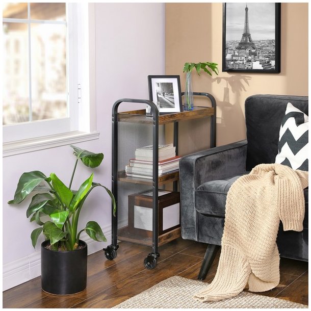 Serveringsvogn p� hjul - barvogn med 3 hylder - rustik brun