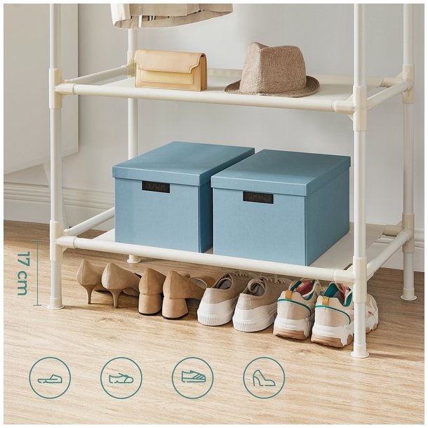 Garderobestativ - tjstativ med hylde og dobbelt tjstang - hvid