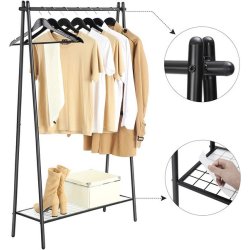 T�jstativ med hylde i sort metal - t�jstang med skohylde