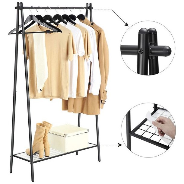 T�jstativ med hylde i sort metal - t�jstang med skohylde