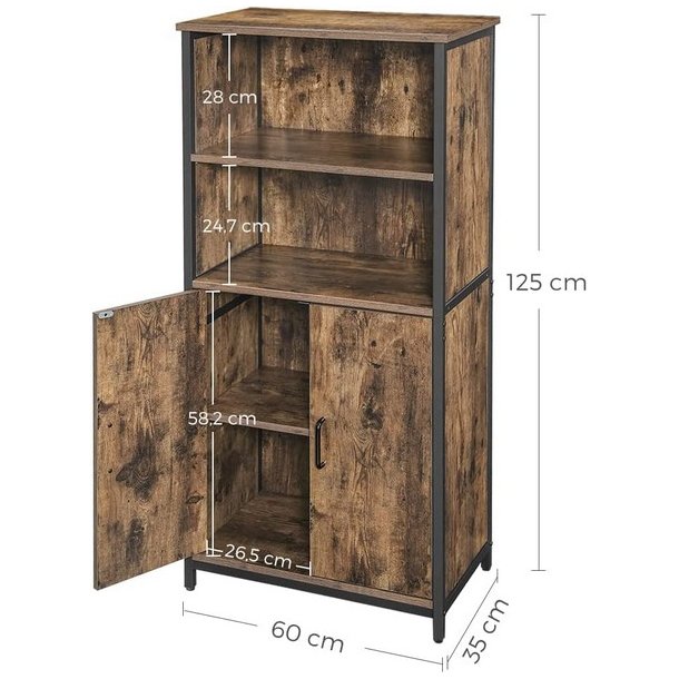 Reol - gulvreol med 2 hylder og skab - rustik brun 60x35x125