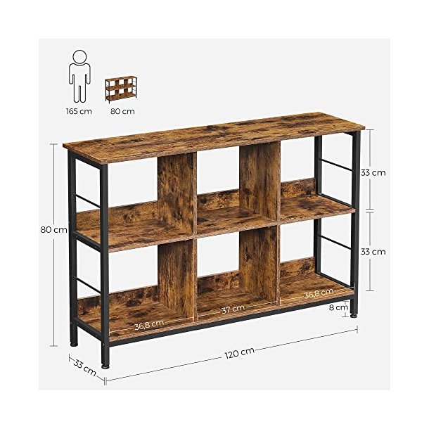 Reol - bogreol med 6 rum - konsolbord - rustik brun 120x80x33