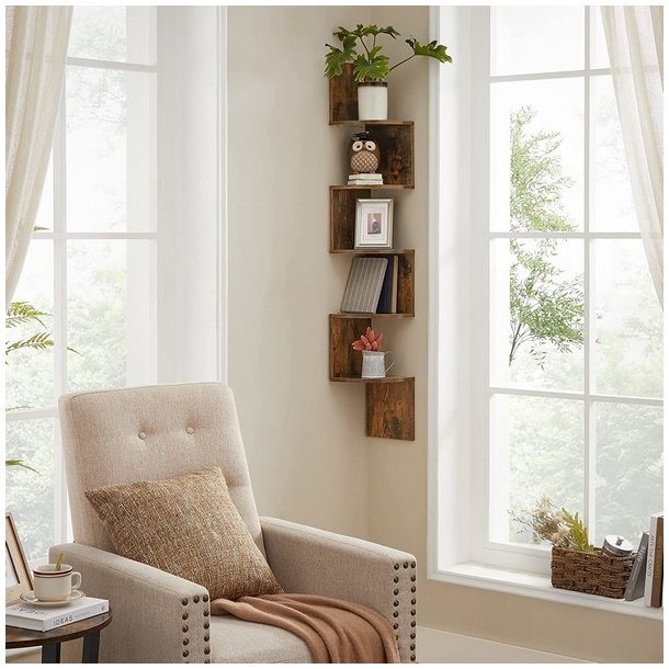 Hjrnereol - vghngt bogreol med 5 hylder - rustik brun reol