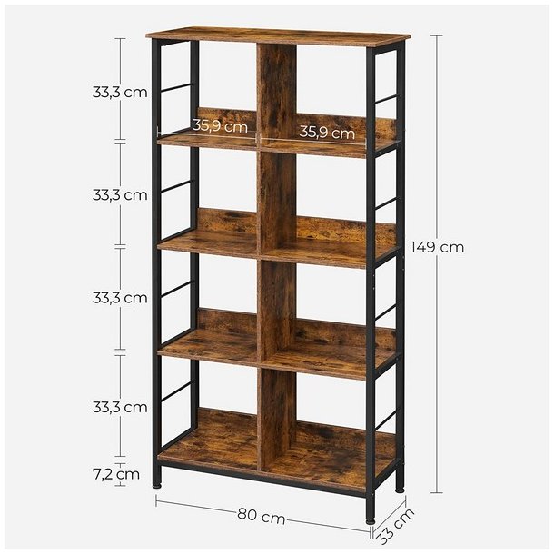 Bogreol - reol i industrielt design - rustik brun 149x80x33
