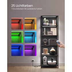 Bogreol med LED-lys - stuereol med 6 hylder - sort gulvreol