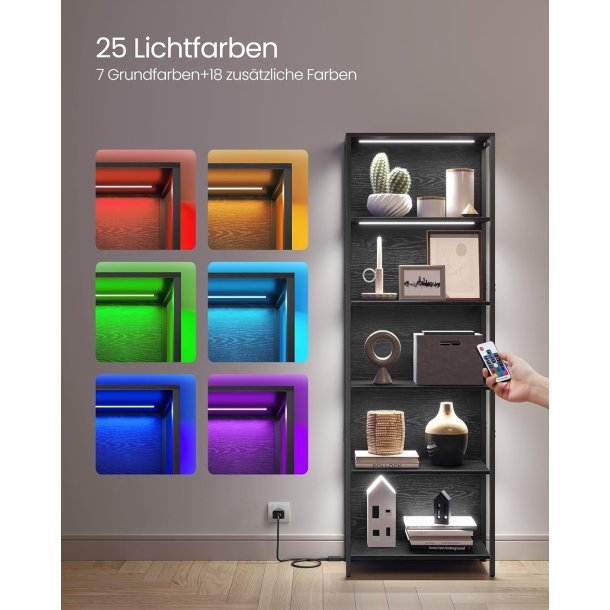 Bogreol med LED-lys - stuereol med 6 hylder - sort gulvreol