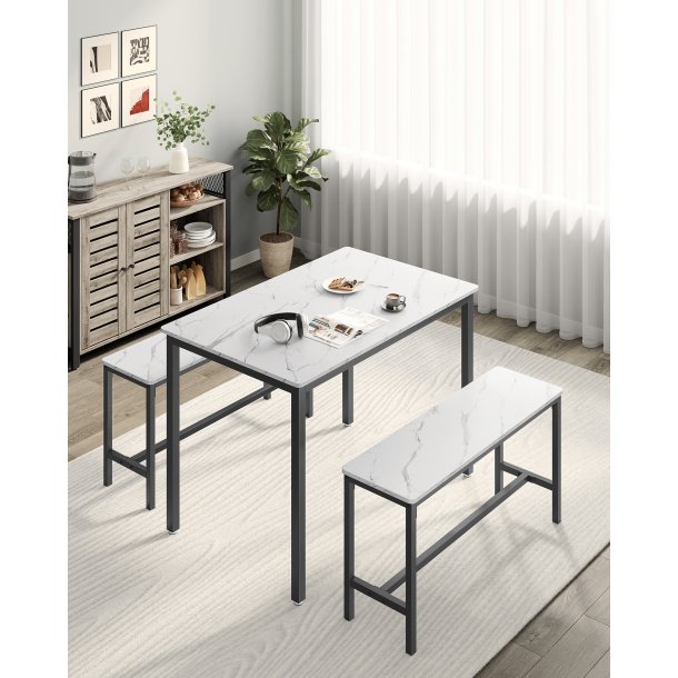 Spisebordss�t med spisebord og b�nke - b�nkes�t - marmor hvid