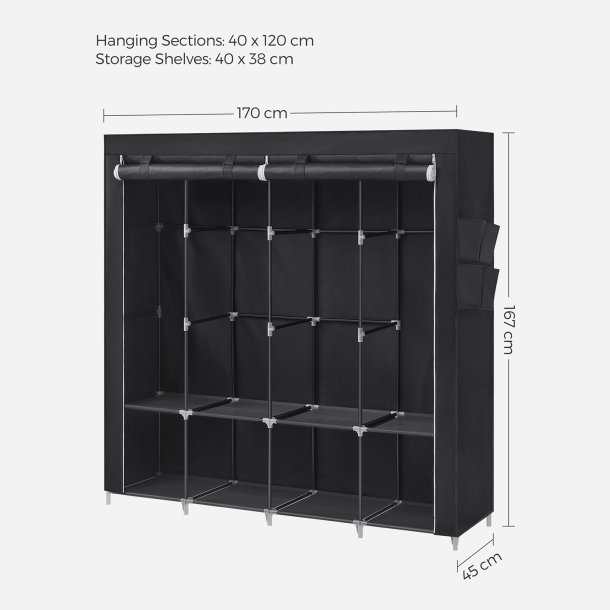 Kl�deskab med stofsider - sort garderobeskab og t�jskab - 167 cm