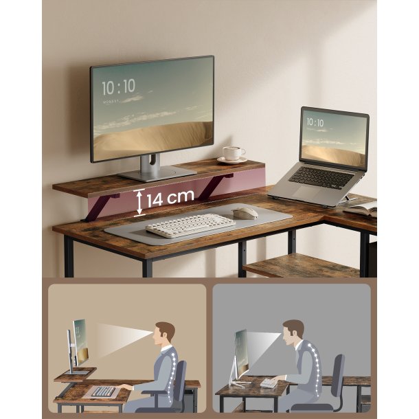 Hjrneskrivebord med skrmstativ - rustik brun 105x115