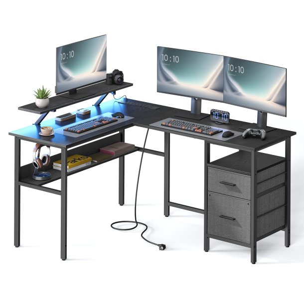 Hj�rneskrivebord med str�mstik og sk�rmstativ - sort 120x150