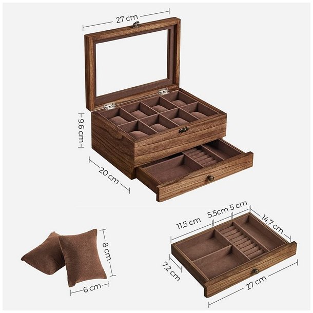 Urkasse til 8 ure i tr� - urboks og smykkeskrin - rustik brun