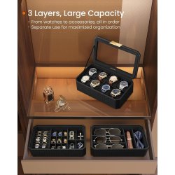 Urkasse til 8 ure i kunstl�der - 3-lags display�ske - sort