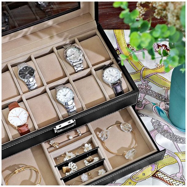 Urboks i kunstl�der - display�ske til 12 ure - smykkeskrin - sort