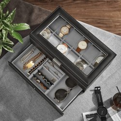 Urboks i kunstl�der - display�ske til 12 ure - smykkeskrin - sort