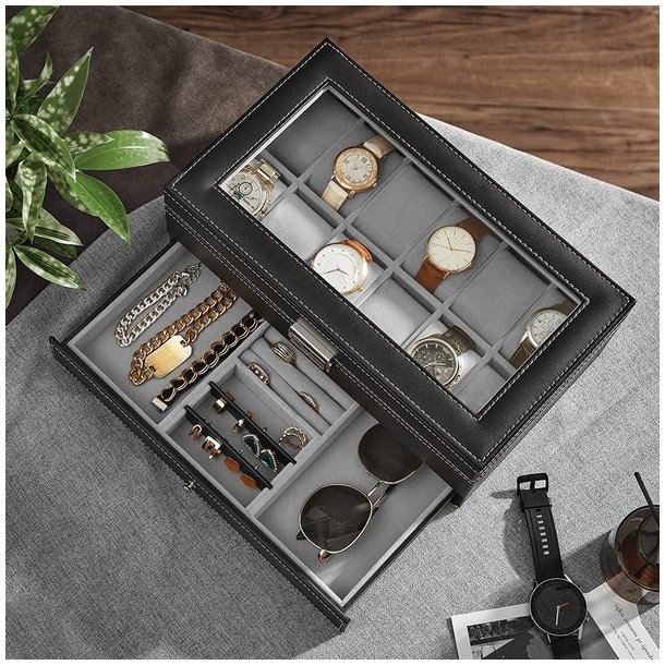 Urboks i kunstl�der - display�ske til 12 ure - smykkeskrin - sort