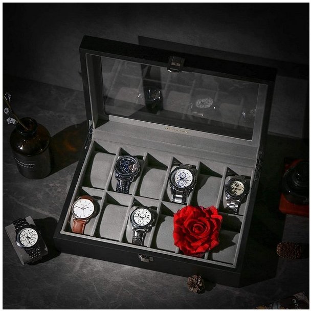 Urboks i kunstl�der - display�ske til 12 ure - sort urkasse