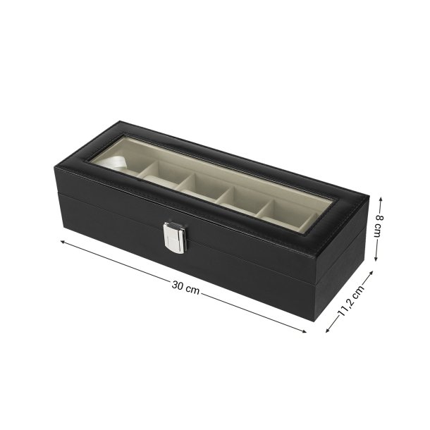 Urboks i kunstl�der - display�ske til 6 ure - sort urkasse