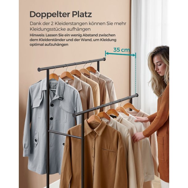 T�jstativ p� hjul med skohylde og 2 t�jst�nger - rustik brun