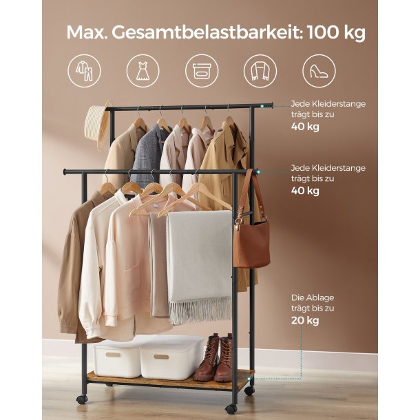 T�jstativ p� hjul med skohylde og 2 t�jst�nger - rustik brun