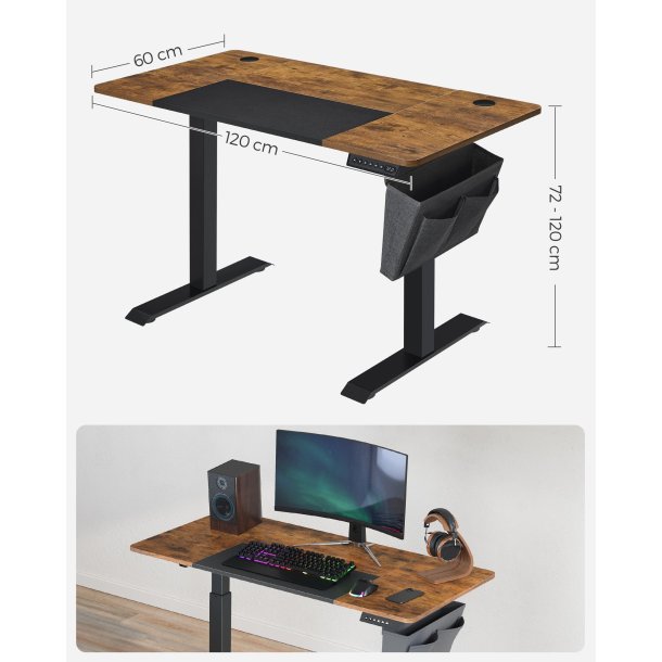 H�ve s�nkebord - elektrisk h�ve s�nke skrivebord - rustik brun