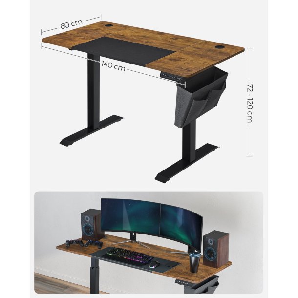 H�ve s�nkebord - elektrisk h�ve s�nke skrivebord - rustik brun 60x140