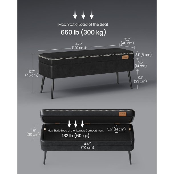 Opbevaringsb�nk - siddeb�nk - sort kunstl�der 40 x 120 x 45
