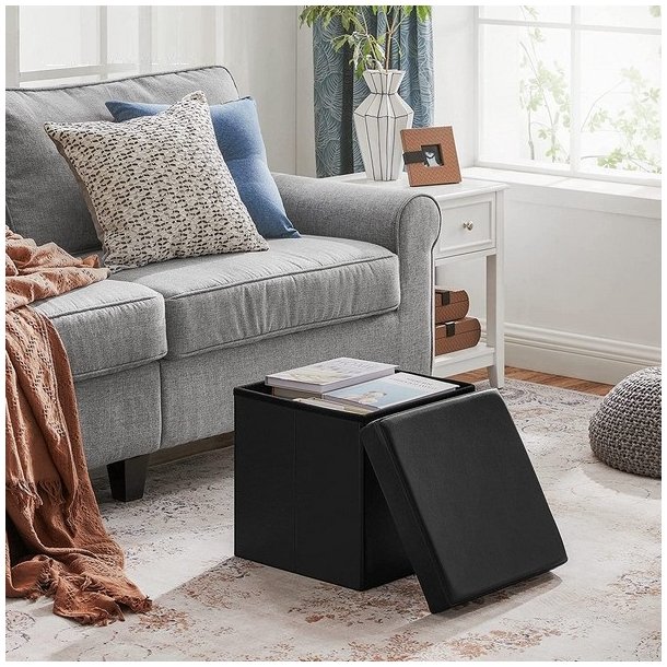 Puf med kiste - skammel med opbevaring 38 x 38 x 38 - sort kunstl�der