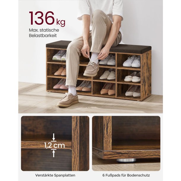 Skob�nk - siddeb�nk med skohylder - entreb�nk med skorum - rustik brun
