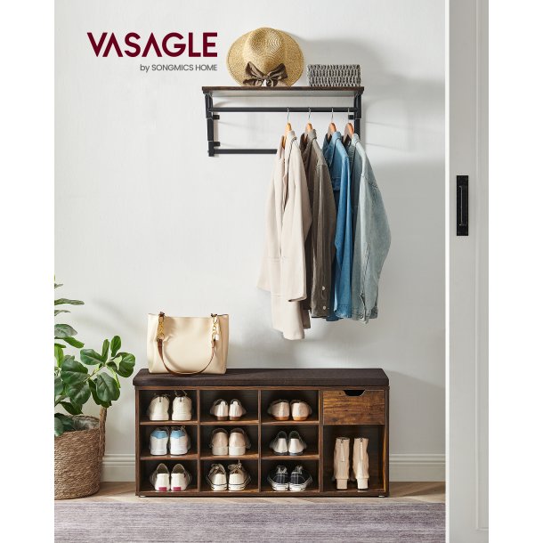 Skob�nk - siddeb�nk med skohylder - entreb�nk med skorum - rustik brun