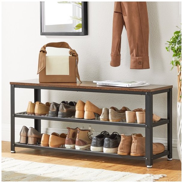 Skob�nk med 2 hylder - siddeb�nk med skohylder - rustik brun