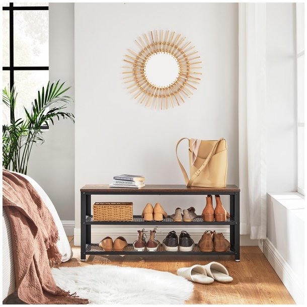 Skob�nk med 2 hylder - siddeb�nk med skohylder - rustik brun