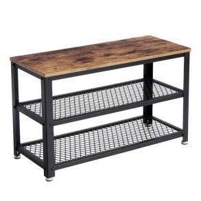 Skob�nk med 2 tr�dhylder - siddeb�nk med skohylder - rustik brun