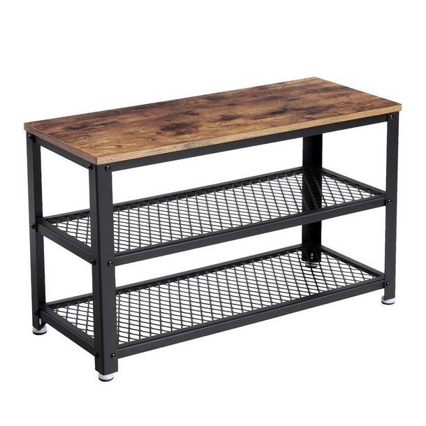 Skob�nk med 2 tr�dhylder - siddeb�nk med skohylder - rustik brun