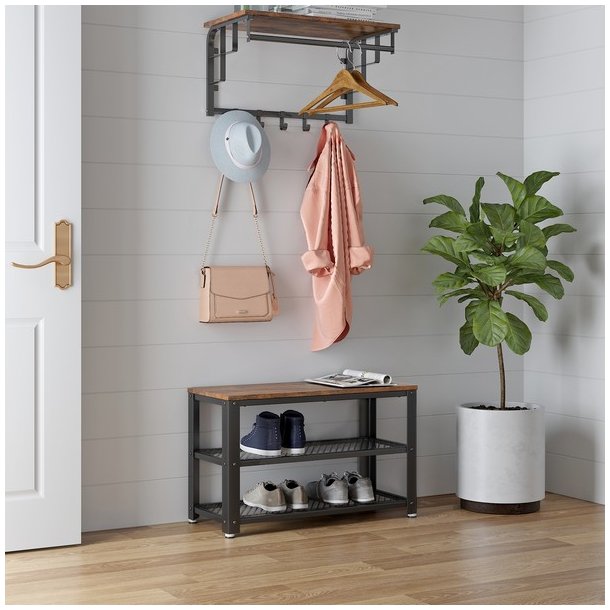 Skob�nk med 2 tr�dhylder - siddeb�nk med skohylder - rustik brun