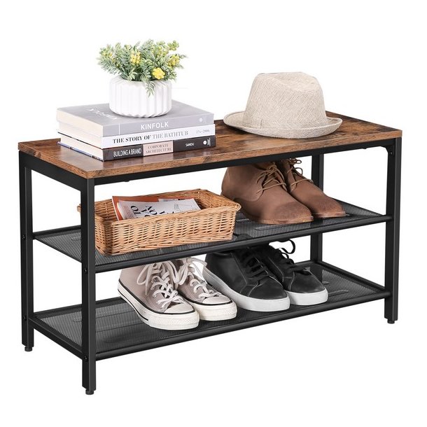 Skob�nk med 2 hylder - siddeb�nk med skohylder - rustik brun