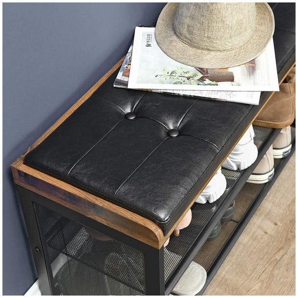 Skob�nk med 2 hylder - siddeb�nk med skohylder - rustik brun