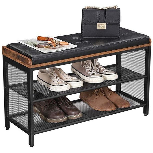 Skob�nk med 2 hylder - siddeb�nk med skohylder - rustik brun
