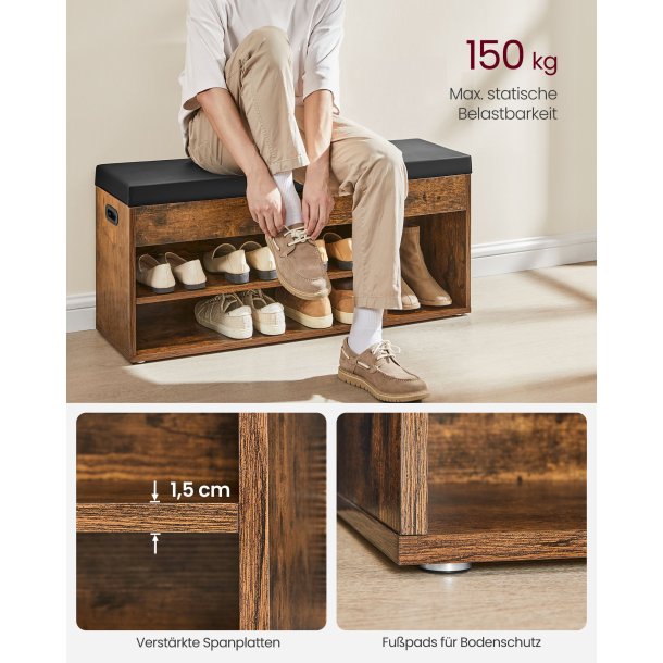 Skob�nk - siddeb�nk med skohylder - entreb�nk - rustik brun 100x30